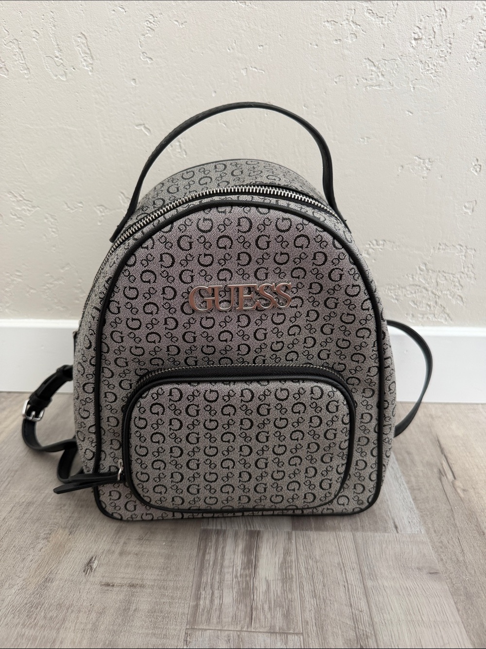 GUESS Grey and Black Monogram Mini Backpack with Silver Logo